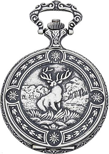 Eichmüller Edelstahl Savonnette Taschenuhr mit Förster, Hirsch Jagd Motiv im Antik Look Sprungdeckel