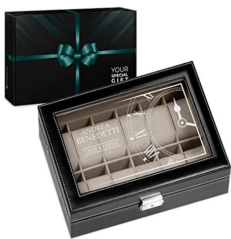 Maverton Cofanetto Porta Orologi con 12 scomparti - Custodia orologi in similpelle nera - Coperchio in vetro - Fodera beige in velluto - incisione personalizzata - regalo uomo - Time Keeper