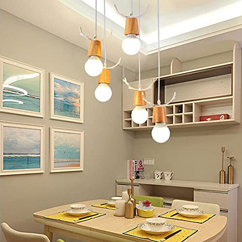 Hängelampe Pendelleuchte Vintage Eiche Holz LED Rustikal Esszimmer Esstisch Büro Wohnzimmer Küchen Leuchte Kronleuchter Modern Kreativ Decke Beleuchtung 5-flammig Retro E27 inkl Glühbirne Ø35cm (Weiß)