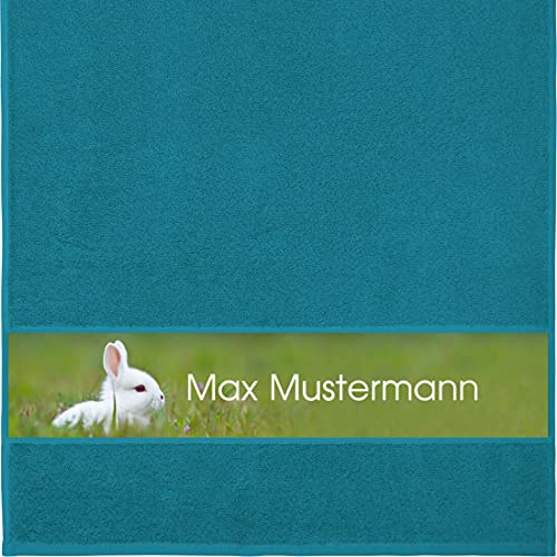 Manutextur Handtuch mit Namen - personalisiert - Motiv Kaninchen - viele Farben & Motive - Dusch-Handtuch - Petrol - Größe 50x100 cm - persönliches Geschenk mit Wunsch-Motiv und Wunsch-Name
