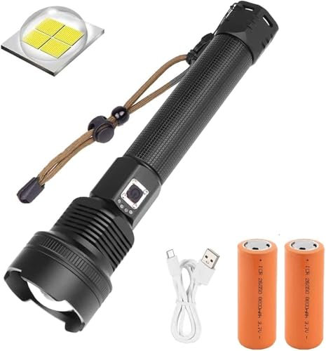 XHP70 Taktische LED-Taschenlampe, 500000 Lumen ultrahelle wiederaufladbare USB-Taschenlampes, hohe Leistung wasserdicht Zoombare Hochleistungs mit 3 Modi für Camping-Notfälle