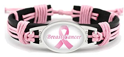 Bracelet en cuir tissé à la main pour femme avec ruban rose pour lutte contre le cancer du sein, Cuir, Strass