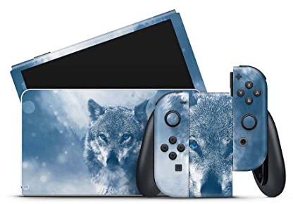Skins4u Skin Design Folie kompatibel mit Nintendo Switch Konsole & Controller OLED Aufkleber Skins Wraps Decal Wolf-Blue-Eyes