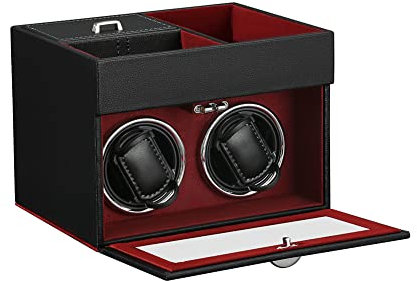 Uhrenbeweger 2 Uhren Automatik PU Leder Rot mit Sichtfenster Leiser Motor Watch Winder für Automatikuhren Uhrenbox mit Schmuckfach Aufbewahrung Herren Damen Netzbetrieb mit Adapter enthalten
