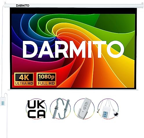 Darmito 100 16:9 Electric Motorised Projector Screen, Full HD 3D 4K 8K Matt White +1.2 Gain, with Remote Control, For Meeting School Home Cinema Theater Movie TV DVD Indoor