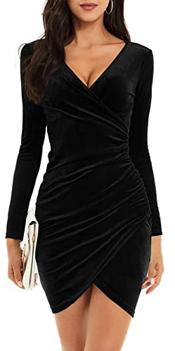 Niwicee Womens Dress Velvet Ruched Bodycon Dress V Neck Long Sleeve Wrap Dresses Mini Prom Dress Ladies Elegant Evening Dress Cocktail Party Midi Dresses(Black,XL)