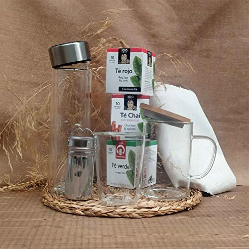 Pack para tés con termo, taza y set de tés, regalo original para cumpleaños de mujer y hombre.
