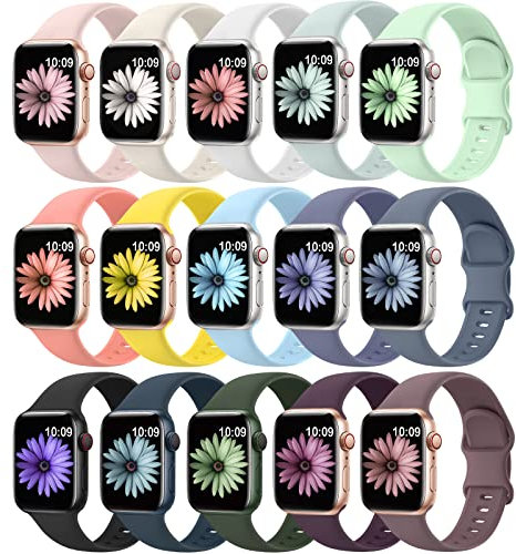 15 Pack Soft Silicone Bands Compatible with Apple Watch Band 40mm 41mm 38mm 45mm 44mm 42mm for Women Men,Waterproof Sport iWatch bands Replacement Strap Wristbands for iWatch SE Series 9 8 7 6 5 4 3 2