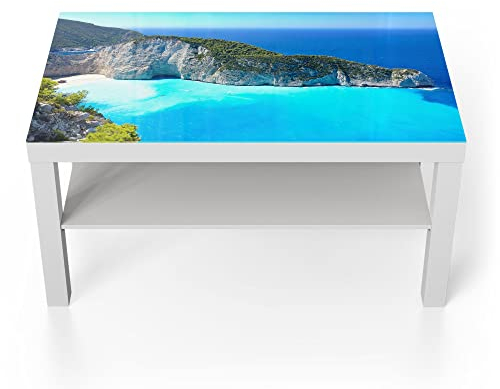 DEQORI Glastisch | weiß groß 90x50 cm | Motiv Schiffswrack-Strand | ausgefallener Beistelltisch aus Glas | Hochglanz Couchtisch fürs Wohnzimmer | moderner Couch Tisch mit Design