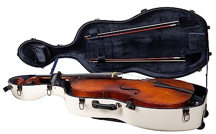 Valigia rigida in fibra di vetro per violoncello 4/4 | Finitura bianco latte lucida, ruote girevoli, spallacci zaino, chiusure rinforzate – Protezione leggera per l’uso quotidiano