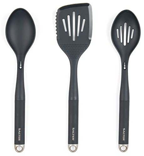 Salter BW12286EU7 Marino 3 pièces ustensiles de cuisine antiadhésifs - cuillère pleine et fendue, spatule, crochets de suspension, séparateur alimentaire, décapant à herbes intégré et frotteur à l'ail