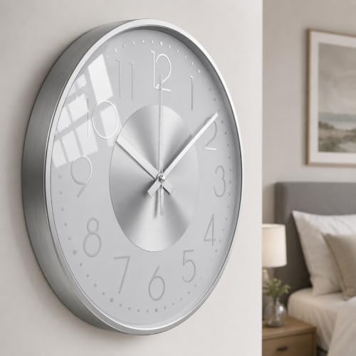 TOKTEKK Wanduhr Ohne Tickgeräusche Lautlos Modern wanduhren 12 Zoll Rund Geräuschlos Küchenuhr Aluminium Wanduhr Für Wohnzimmer Küche Schlafzimmer Und Büro(Silberne und weiße Ziffern)
