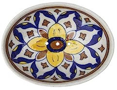 Tranquillo Blue Pottery Porte-savon ovale en faïence avec imprimé floral jaune/bleu, avec trous pour l'évacuation de l'eau, 13 x 10 x 4 cm