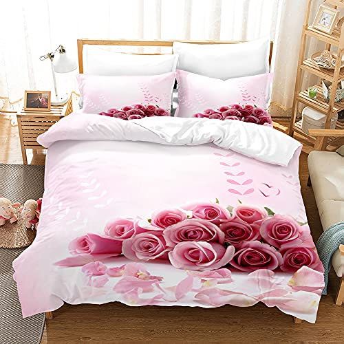 CIUNVXD 3 Teilig Rose Muster Bettbezug Set,3D Rote Rosa Rose Blumen Bettwäsche,Herz Rose Bettwäsche,Ehepaar Rose Bettbezug,Romantisches Bettwäsche für Erwachsene,Teenager (A, 200 x 200 cm)