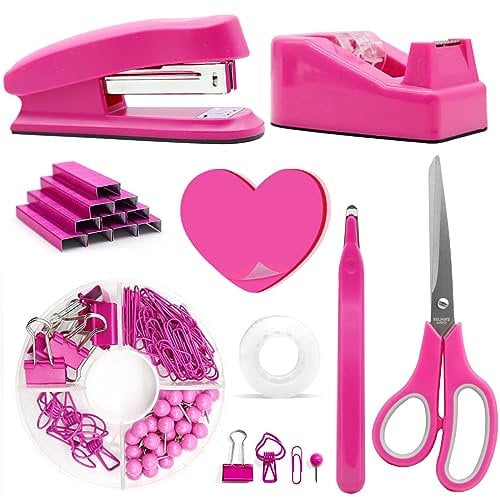 Hot Pink Office Supplies,Hot Pink Desk Accessories,Stapler and Tape Dispenser Set for Women with Stapler,Tape Dispenser,Staple Remover,Staples,Clips,Scissor and Sticky Notes for Students,Office Clerks