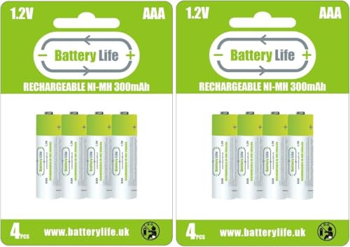 Battery Life AAA 300mAh Rechargeable Batteries (8 pack) NI-MH 1.2V ideal for solar lights and cordless phones