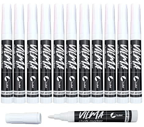 Vilma White Liquid Chalk Pens for Windows, Glass, Blackboard, Car, Mirrors, Signs, Crafts - 2MM Tip, 12 Pack