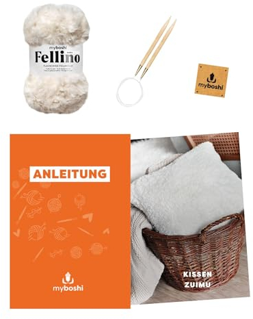 myboshi Strickset Kissen Zuimu, Strickset für Anfänger, inkl. Fellino Fellgarn, Rundstricknadel, Anleitung und Label, 100% Polyester, Weiß mit Rundstricknadel