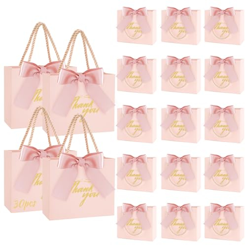 30 Pièces Thank You Sac Cadeau Sachet Créative en Papier avec Poignées, SHAIDOJIO Rose Thank You Pochette Cadeau pour Bonbons, Noeud Rose Thank You Sacs Cadeaux pour Anniversaire Mariage Baptême