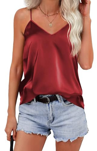 Zeagoo Blusa de seda para mujer, 2025, cuello en V, satén, tirantes delgados, espalda cruzada, sin mangas, blusas de verano, borgoña, XL
