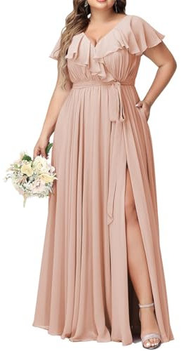KURFACE Robes longues de demoiselle d'honneur pour femmes, robes de mariage formelles sans manches avec fente WSX476 Rose pâle UK26