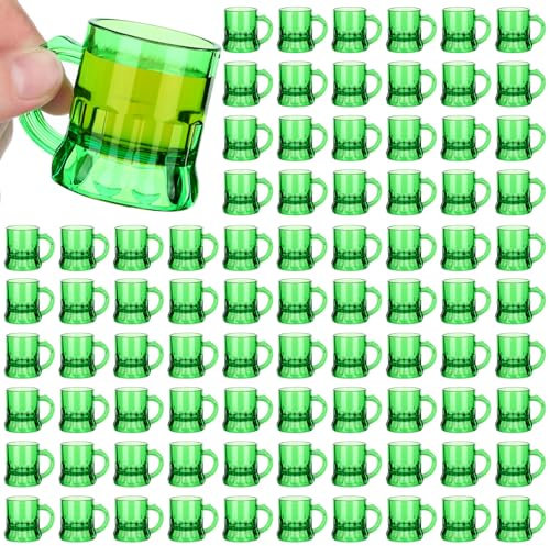 Gemscream 96 Pcs St. Patrick's Day Mini Plastic Beer Mug Irish Shot Glasses with Handles Green Irish Gifts Party Favors Green Plastic Miniature Beer Cup with Handle for Saint Patty's Day Celebration