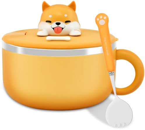 1200ml Ramen Bowl with Handle and Lid 304 Stainless Steel Soup Bowls with Spork Heat Resistant Instant Noodles Bowl Dustproof Ramen Pot Portable Noodles Cooker for Dorm Office Home