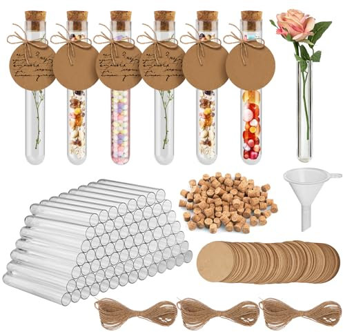 OFFCUP Reagenzgläser Set, 100 Stück Kunststoff Reagenzglas mit Korken 16*100mm Transparent Reagenzgläser für Blumen Reagenzglas mit Kraftpapieranhänger, Hanfseil und Trichter, für Bonbons, Blumen, DIY