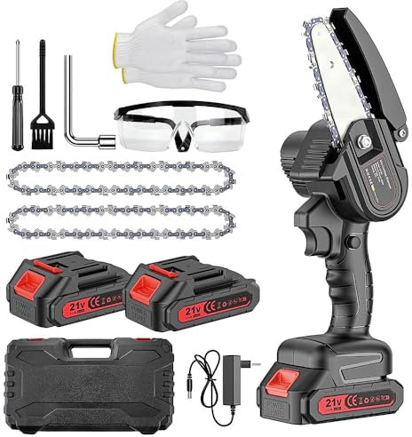 Mini Motosierra Bateria de Mano, 4 Pulgadas Mini Motosierra Eléctrica Bateria Portátil Sierra Electrica para Podar Árboles de Jardinería, 2 baterías, 2 Cadenas