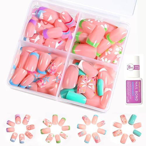 96Pcs False Nails With Glue - Cute Press on Nails with Colorful Tips - Stick on Nails Design with Flowers and Clouds Pattern - Full Cover Fake Nail Tips for Kids Women Girls DIY Manicure Decoration