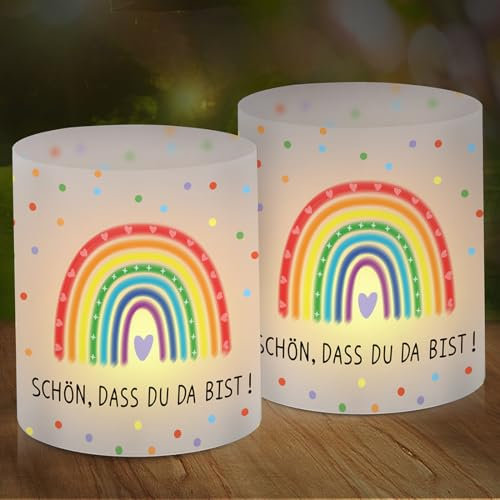 12 Windlicht Regenbogen, Windlicht Schön DASS Du Da Bist, Windlichter Tischdeko Geburtstag, Regenbogen Deko Kindergeburtstag, Geeignet für Teelichter oder Kerzen