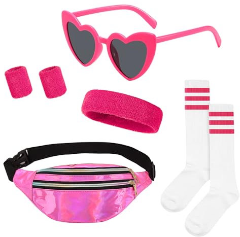CONNECTION 80er Jahre Outfit Damen Set 7 Stück 80er 90er Jahre Accessoires 80er Jahre Kleidung Damen mit Brille Socke Neon Stirnband Armbänd Gürteltasche für Neon Retro Thema Party Karneval(Rosenrot)