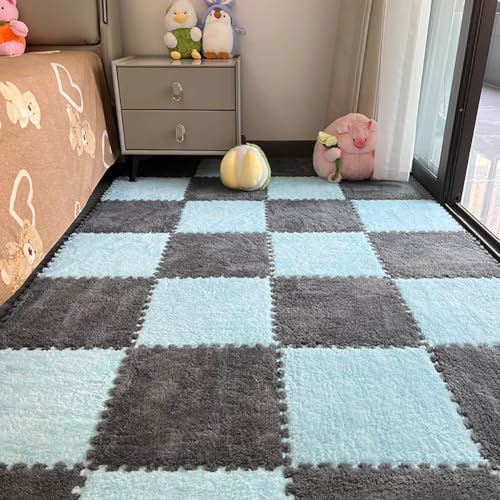 12 Stück ineinandergreifende Plüschschaum-Teppichfliesen | Weicher, flauschiger Boden-Teppich mit Polsterung, bunte Bodenschutzmatten für Zuhause, Kinderzimmer, Spielzimmer