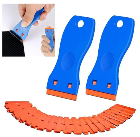 Raschietto di Vetro, Raschietto in plastica, 2 Blade Spatola con 100 pezzi di Lame di Plastica, Rimozione Adesivo in plastica, Rimozione della Colla in Vinile, Adesivo di Vetro, Tinta Finestr