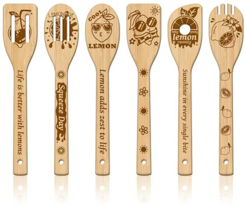 GLOBLELAND 6 ensemble D'Ustensiles de Cuisine en Bois de Drôle Citron Cuillères en Bambou Sculptées Spatules de Cuisine Gravées en Bois pour la Cuisine Cadeau de Pendaison de Crémaillère Amusant