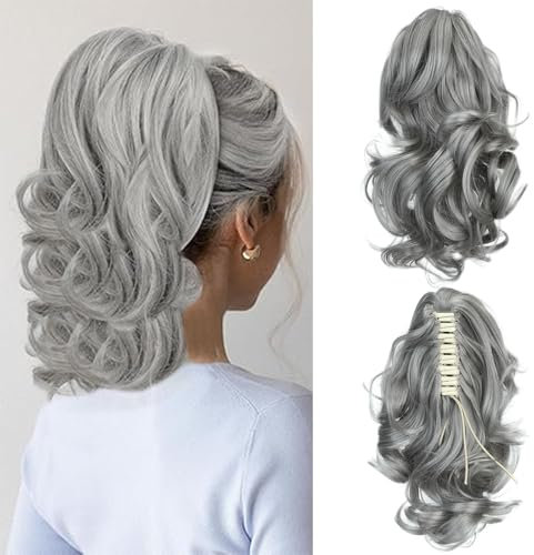 Cybelleza Coda Capelli Extension Clip Claw Coda di Cavallo con Pinza Mossi 35cm Posticci per Capelli Ricci Ponytail Sintetici Lunghi Corti Coda Finta Ondulati, Grigio scuro