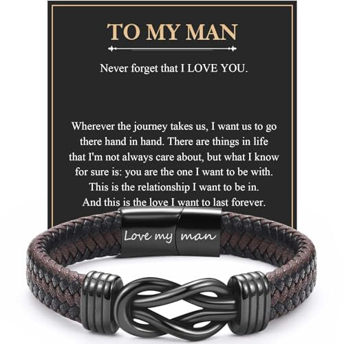 EYQV Gifts for Him, Engraved Leather Bracelet for Husband Boyfriend, Anniversary Christmas Birthday Presents, Mens Valentines Gifts for Him