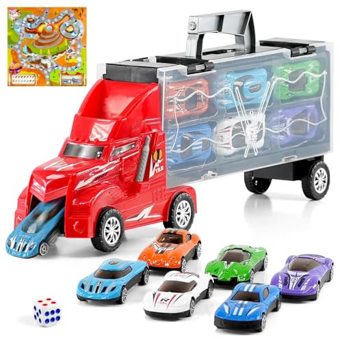 The Magic Toy Shop Car Transporter Truck with 12 Storage Slots, Built-in Car Launcher, 6 Mini Diecast Cars, 1 Dice and Racing Board Game - Toy Lorry, Car Carrier Truck Toy, Car Transporter Toy