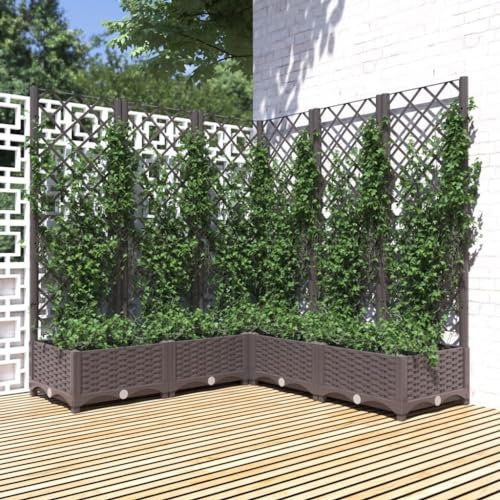 Brauner Garten-Übertopf mit Rankgitter, 120 x 120 x 121,5 cm, Hochbeet, Pflanztrog für Kletterpflanzen, Blumenkasten mit Rankgitter, PP-Material
