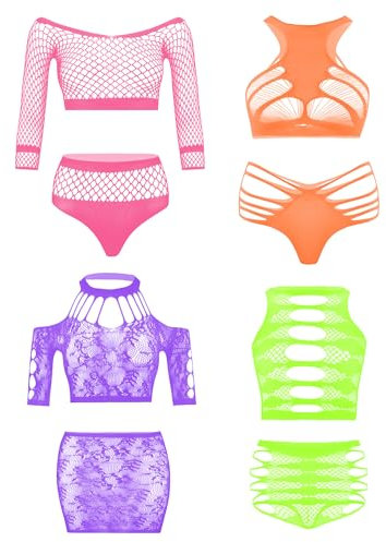 Set di 4 body da donna a rete, in pizzo, con fiori, per appuntamento romantico, colore: nero, Colore Fresco, Taglia unica