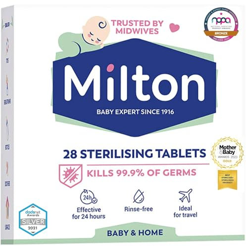 28 Milton Sterilising Tablets -Kill 99.9% of Germs Milton Cold Water Steriliser Tablets -24 Hr Effective Milton Tablets for Bottles & Feed Equipments -Rinse-Free Milton Steriliser Tablets (Pack of 1)