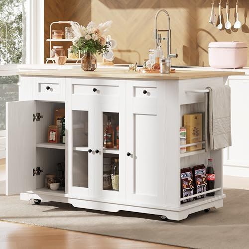 KAZZIO Isla de cocina, divisores extraíbles, armario de cocina, carrito de comedor con encimera, armario buffet, carrito de comedor con vetas de madera, armario buffet, armario de vidrio templado