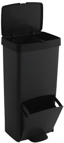 Cubo de basura o reciclaje 70L en NEGRO, VERTICAL, en 2 Compartimentos, Papelera para residuos, 76 cm de altura, fácil gestión, Negro antracita