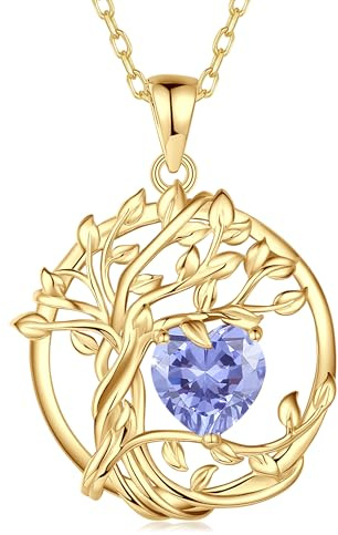 FANCIME Lebensbaum Geburtstein Kette für Damen Gelbgold Vergoldet Baum des Lebens Edelstein Anhänger Halskette Schmuck Geschenke für Damen Frauen Mädchen, Kettenlänge: 40+5 cm