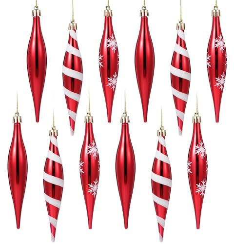 Sumind 12 Stück Weihnachtstropfen Ornamente Weihnachtsbaumkugeln, 16 x 3cm, Glitzernder Kunststoff Pfefferminz Anhänger für Weihnachtsbaumdekoration(Klassische,Rot,)