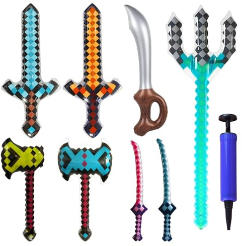 YYMT 8 Stück Aufblasbare Schwerter Set, Inflatable Schwert für Rollenspiele, Aufblasbare Spielzeugwaffen mit Pixel-Design für Piraten-Cosplay, Themenpartys, Karneval, Halloween & Poolpartys
