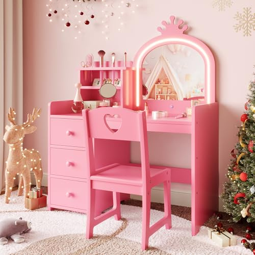 JOLLYTOP 2-in-1 Prinzessin Schminktisch Mit Stuhl Für Kinder – LED-Kronenspiegel, 3 Schubladen & Regale – Abnehmbarer Tischaufsatz, Schmink- & Schreibtisch Aus Holz Für Mädchen