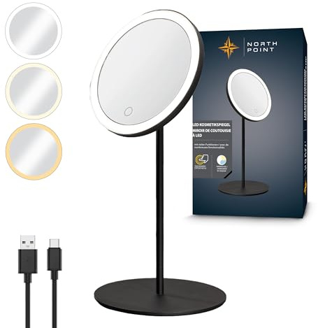 Northpoint LED Akku Kosmetikspiegel 5-Fach, 3 Lichtfarben (Warmweiß/Neutralweiß/Tageslichtweiß), stufenlos dimmbar Touch, Metallgehäuse (schwarz)