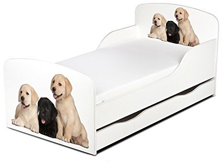 Leomark Holz Einzelbett mit Matratze - Dogs - Kinderbett mit Schubladen für Bettwäsche + Lattenrost, Komplett Set, Liegefläche 70/140 cm, UV-Druck