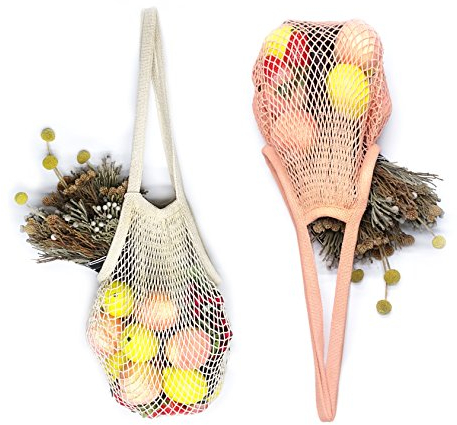 Tidawave Net Sac à provisions Coton Corde de marché réutilisable Net Cabas avec anses longues lavable en maille filet pour fruits et légumes Lot de 2 (Naturel + Macaron)